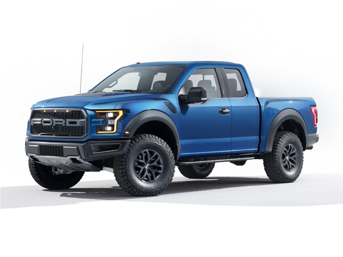 2017 Ford F-150 Raptor in Lightning Blue — front three-quarter view
